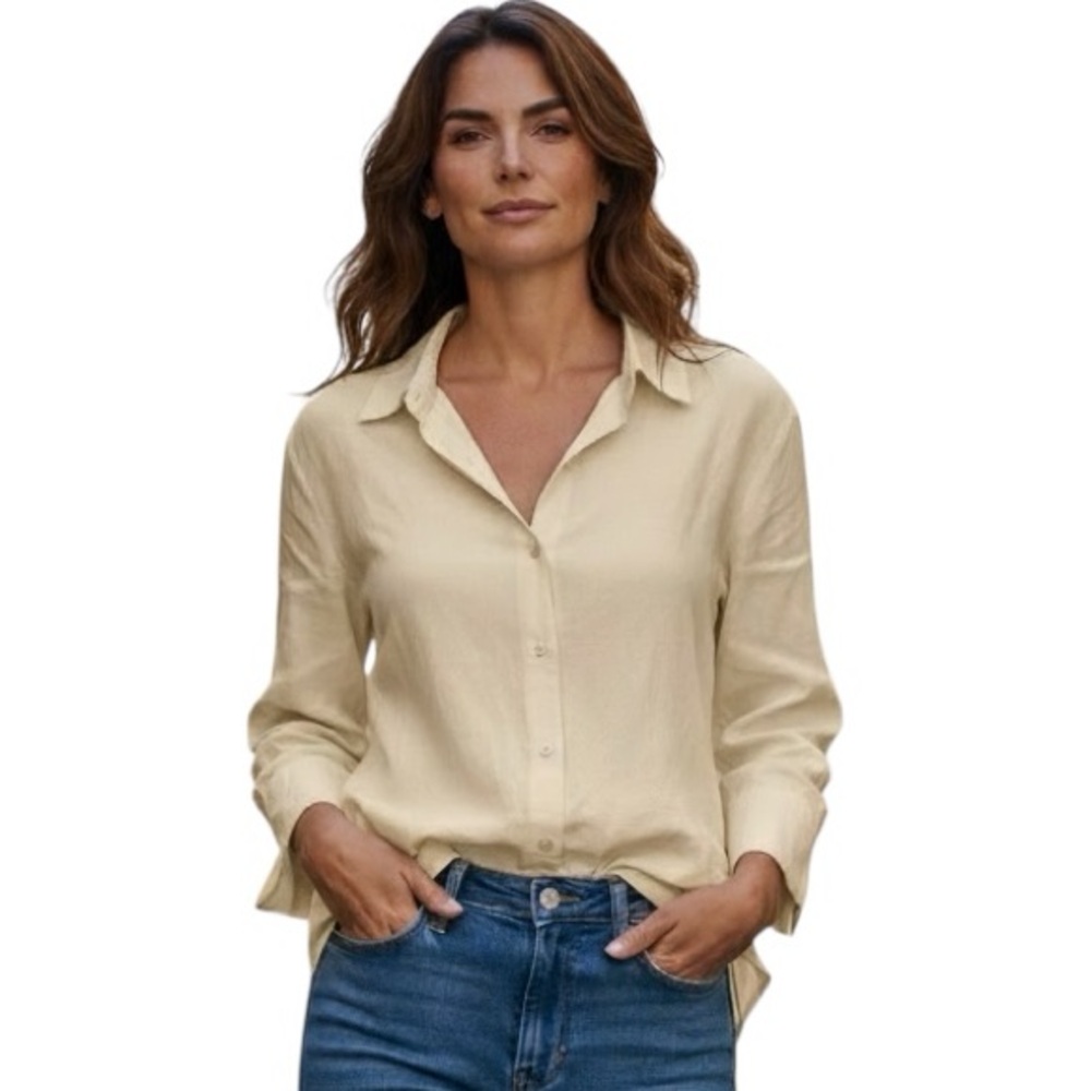 Jil Sander Sill Crepe Button-Down Cream Ecru Beige 3/4 Sleeve Shirt 34 4 Small